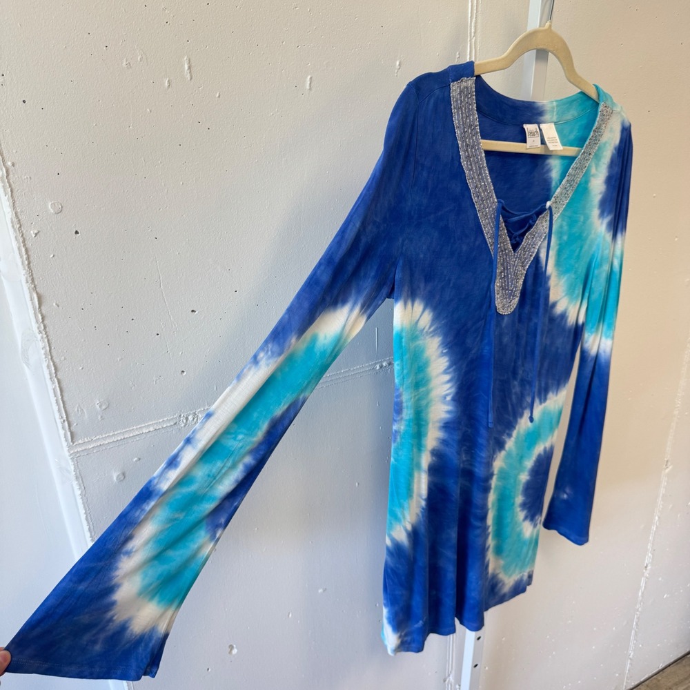 INC Beach Tie Dye Sequin Lace Up Tunic Swim Cover Up Blue Turquoise Medium - Picture 3 of 8